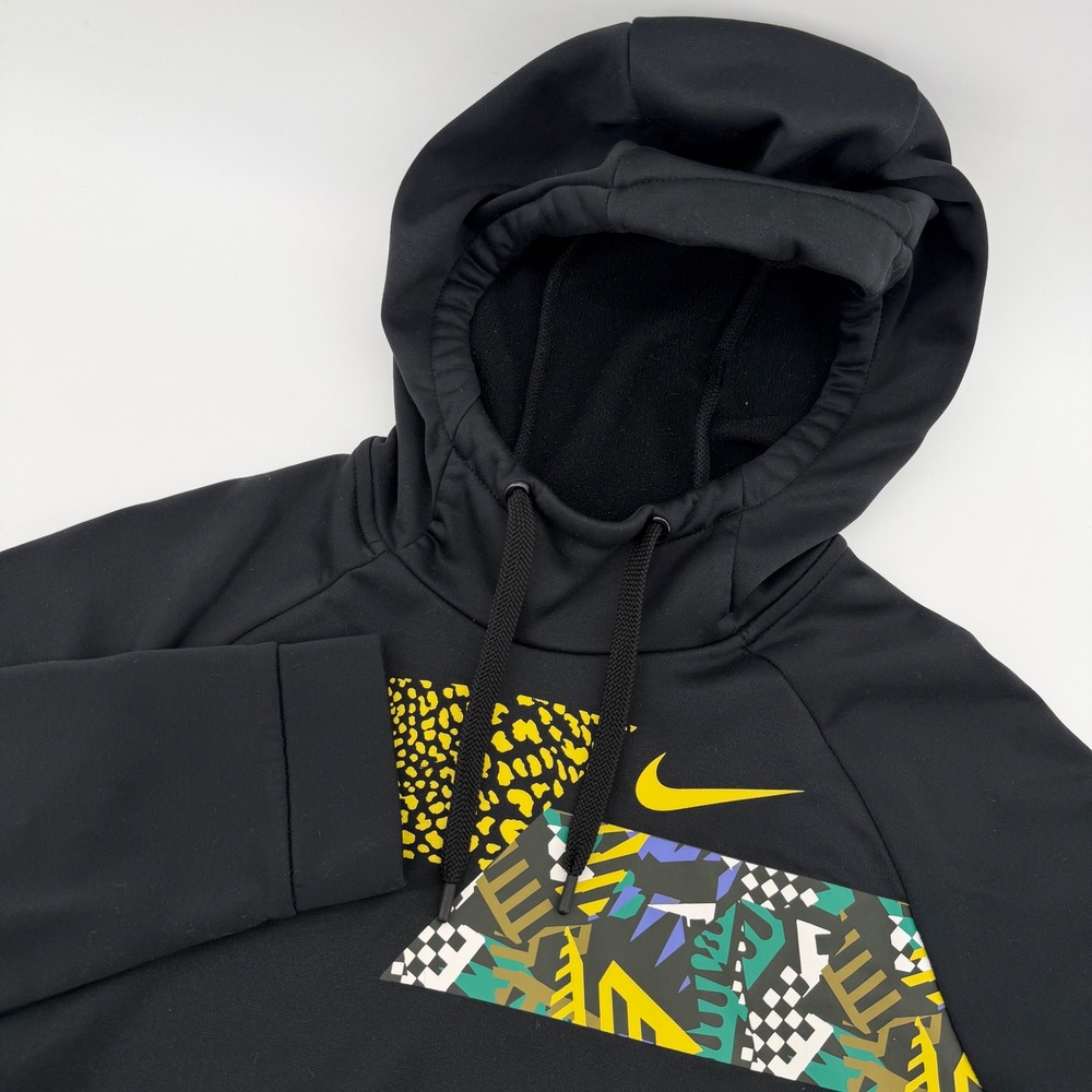 Nike Dri Fit Black Yellow Green Graphic Hooded Pullover Hoodie Men's Small